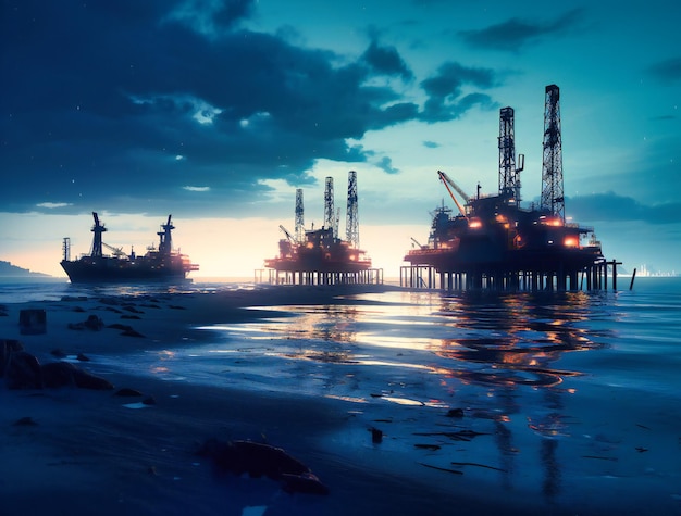 Plates-formes pétrolières au milieu de la plage au crépuscule