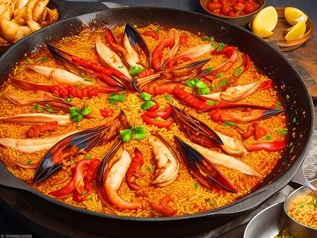 Plato de arroz avec paella de mariscos avec camarones fresques cigales mejillones calamares pulpo y