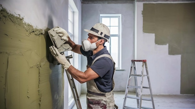 Plâtreur rénovant des murs d'intérieur