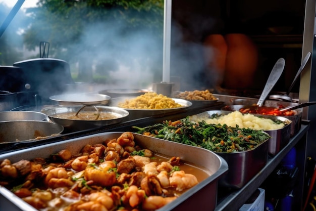 Des plats chauds à la vapeur affichés sur le comptoir d'un camion de nourriture créé avec de l'AI générative