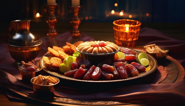 Des plats délicieux du Ramadan pour la fête de l'iftar avec divers aliments et une lanterne islamique