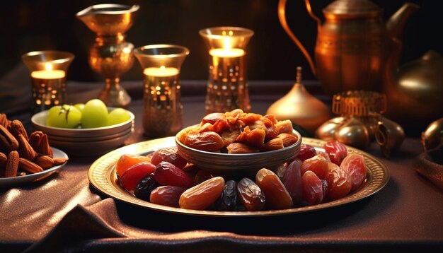 Des plats délicieux du Ramadan pour la fête de l'iftar avec divers aliments et une lanterne islamique