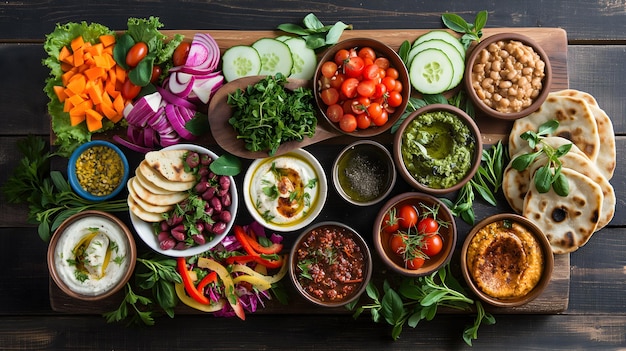 Des plats et des ingrédients méditerranéens variés sur une table en bois