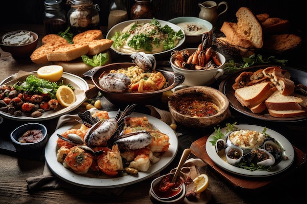 Plats méditerranéens frais et sains dans un restaurant en bord de mer généré par l'IA