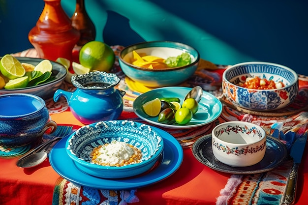 Plats mexicains traditionnels avec viande, légumes, épices et sauces sur des assiettes avec ornement mexicain