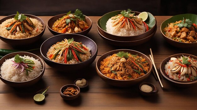 Des plats de riz thaïlandais sur une table en bois, des curries aux frites, capturent l'harmonie délicieuse d'un