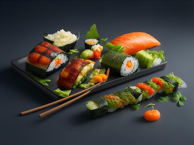 Plats de shushi et de légumes