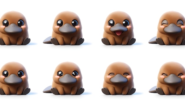 platypus dans quatre poses heureux curieux surpris et content contre un fond blanc chaque angle