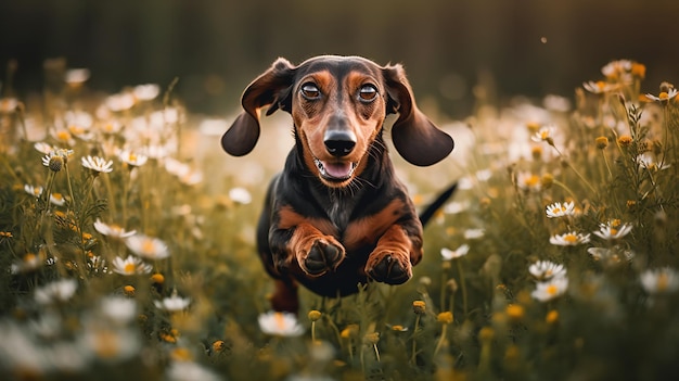 Playful Dachshund39s Romp dans un champ de marguerites