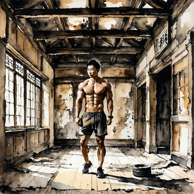 Photo plein corps gymnase masculine fitness muscles masculins visibles aucun t-shirt à l'intérieur de l'ancien lieu abandonné