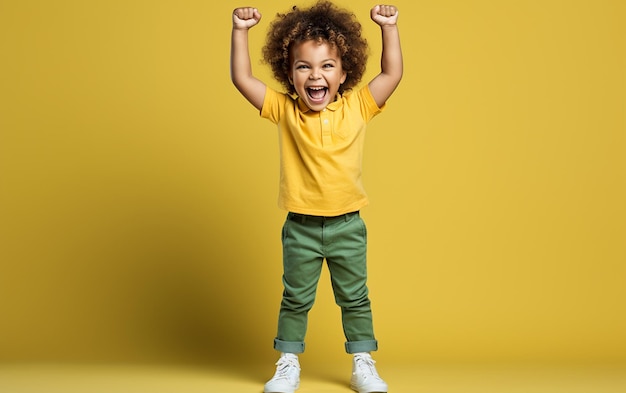 Pleine longueur, joyeux, 6 ou 7 ans, un garçon s'amusant porte une chemise verte sur fond jaune