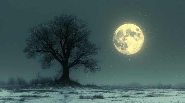 La pleine lune sur un arbre solitaire dans un paysage hivernal