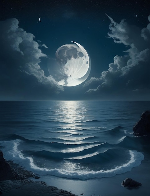 Une pleine lune brille au-dessus de l'océan et la lune brille.