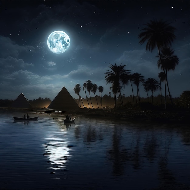 une pleine lune brille sur un lac avec des palmiers et un bateau au premier plan
