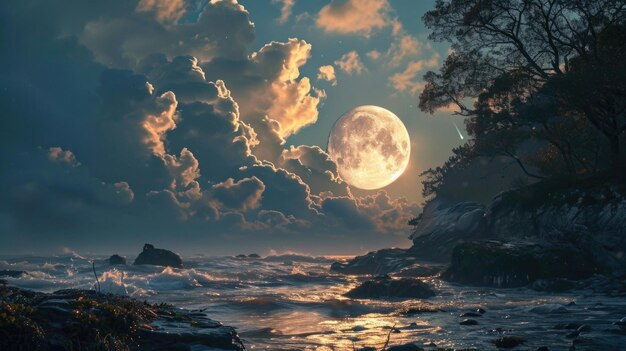 Une pleine lune brille sur l'océan et les rochers.