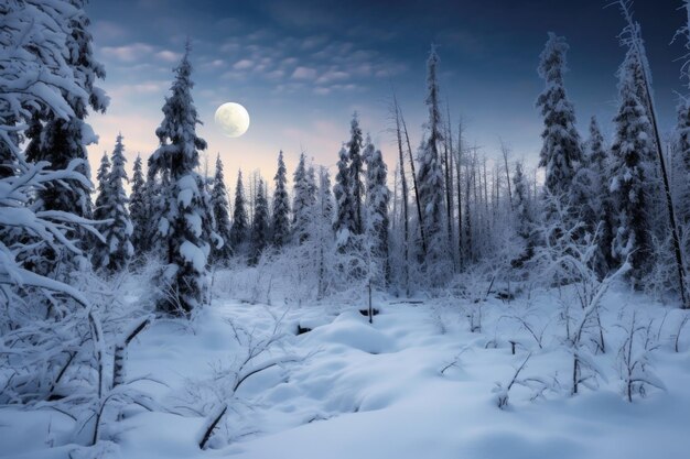 Pleine lune sur une clairière enneigée créée avec une IA générative