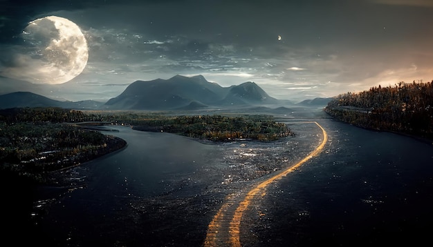 Pleine lune dans le ciel nocturne au-dessus de la route Montagnes de la rivière et pleine lune dans le ciel