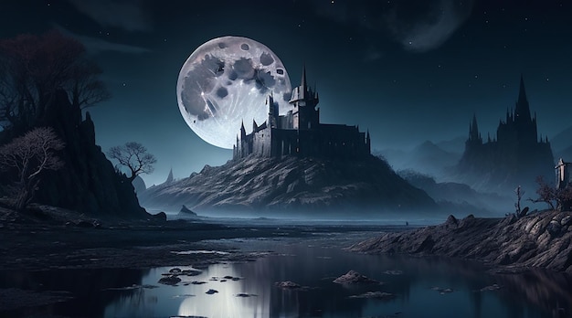 La pleine lune dans un paysage fantastique sombre