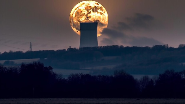 Une pleine lune derrière une centrale nucléaire