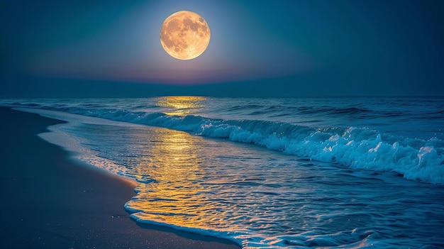La pleine lune éclaire une plage tranquille des vagues douces frappant le rivage
