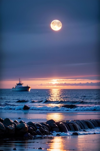 Une pleine lune est visible au-dessus de l'océan.