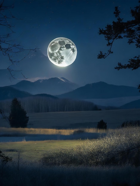 une pleine lune est vue sur un champ avec un arbre au premier plan