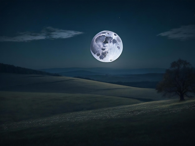 une pleine lune est vue sur un champ avec de l'herbe et des arbres