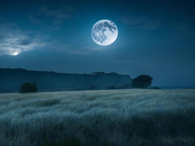 une pleine lune est vue sur un champ la nuit