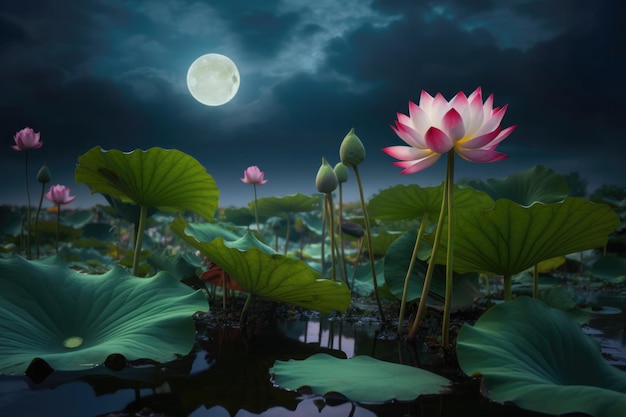 Une pleine lune est vue derrière une fleur de lotus.