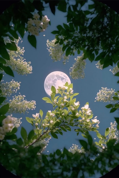 La pleine lune est vue à travers les branches d'un arbre ai génératif