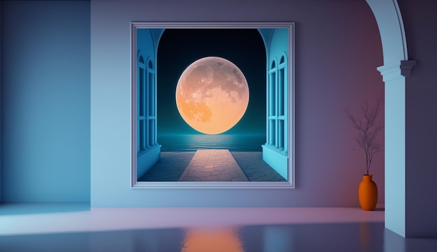 Une pleine lune est vue à travers une fenêtre dans une pièce.