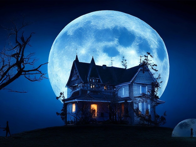 Pleine lune et fond de maison hantée