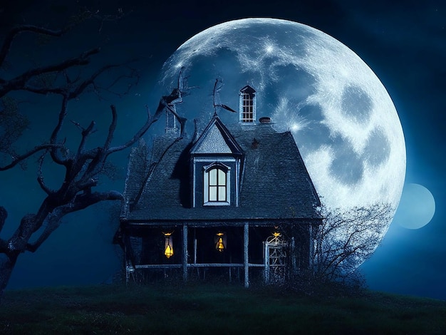 Pleine lune et fond de maison hantée