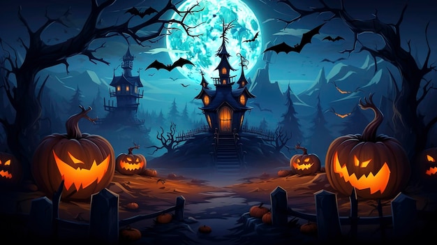 Pleine lune d'Halloween avec maison hantée