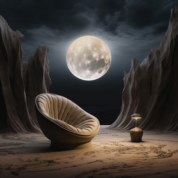 La pleine lune illumine un paysage lunaire sombre avec un fauteuil sur le sable. Illustration générée par Ai