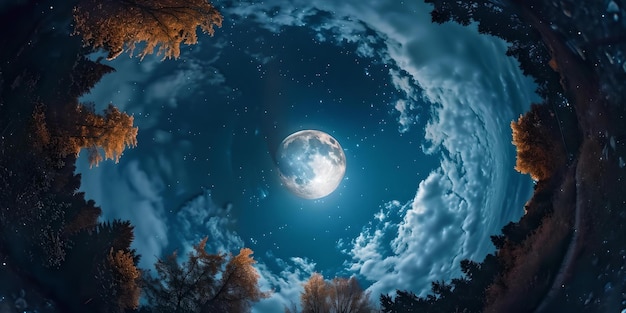 La pleine lune majestueuse se levant au-dessus d'une forêt tranquille capturée d'une perspective unique de l'œil de ver vue surréaliste du ciel nocturne AI