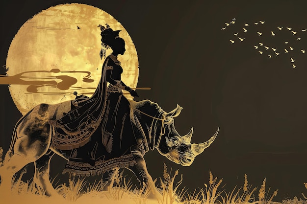 Photo À la pleine lune reine égyptienne à cheval sur un rhinocéros illustration