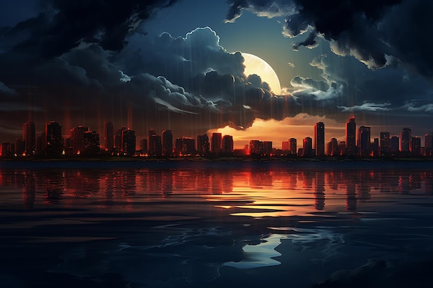La pleine lune se lève au-dessus de l'horizon de la ville