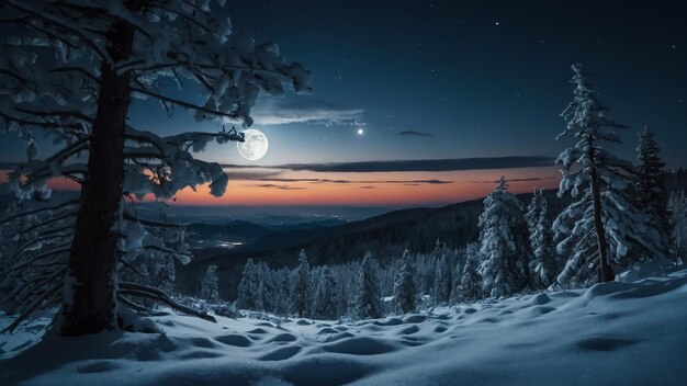 La pleine lune se lève au-dessus de la nuit, les pins enneigés, la forêt, la clairière, le fond naturel des saisons.