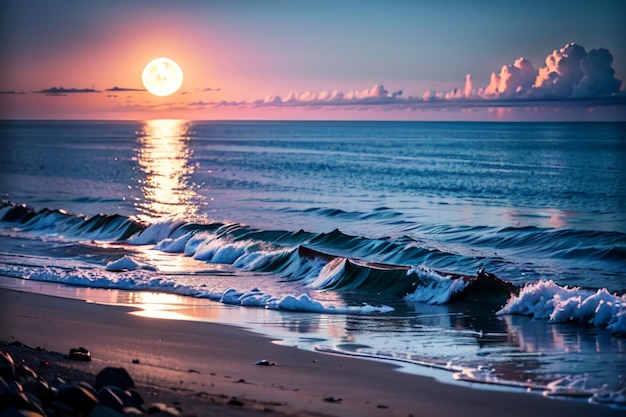 Une pleine lune se lève sur l'océan avec une plage et l'océan en arrière-plan.