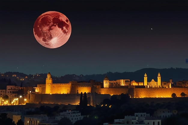 Photo une pleine lune se lève sur une ville