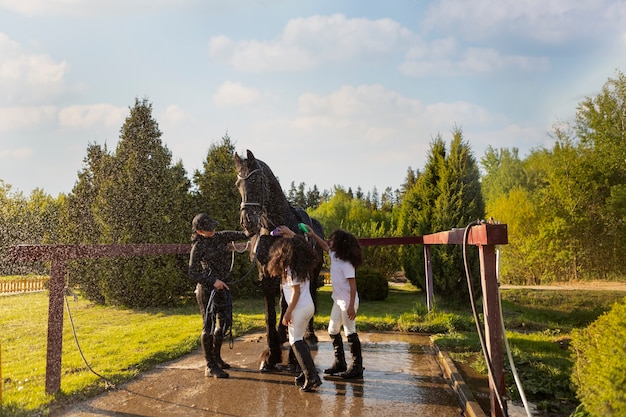 Pleine photo d'enfants apprenant à monter à cheval