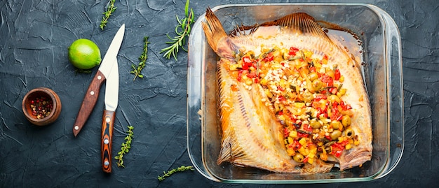 Plie plie ou poisson plat au four avec des légumes. Poisson frit farci aux légumes