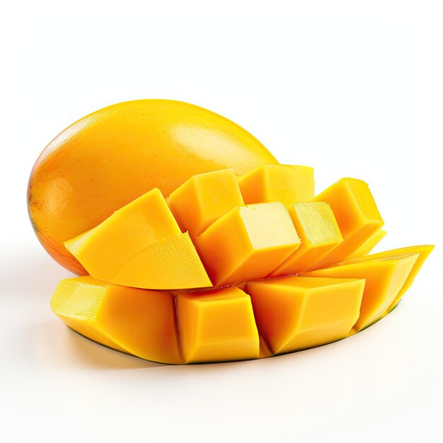 Plis de mangue isolés sur fond blanc cubes de mangue et tranches de mangue