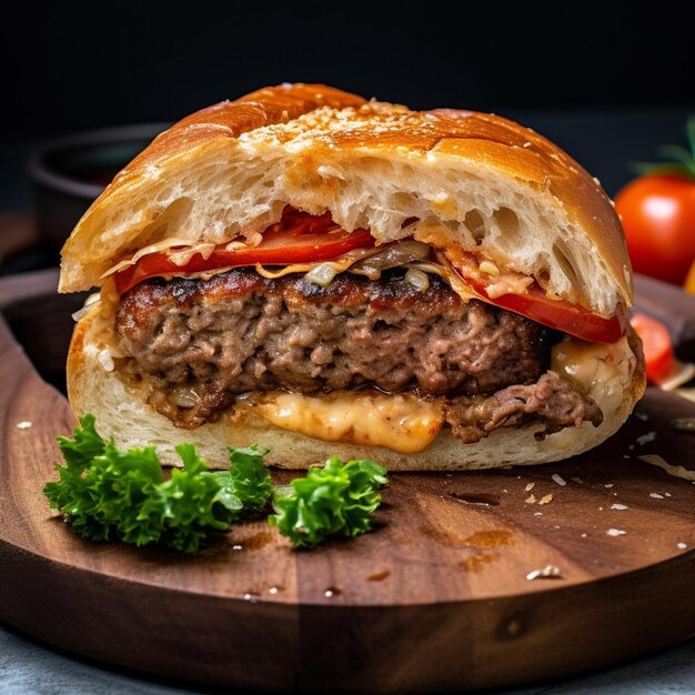 Pljeskavica serbe galette de viande grillée alléchante et juteuse avec des garnitures sur un petit pain