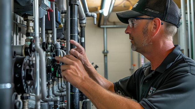 Photo plomberie d'un bâtiment commercial inspecte habilement un système complexe de tuyaux industriels