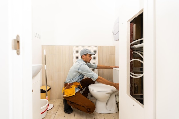 Plombier installant des toilettes dans les toilettes