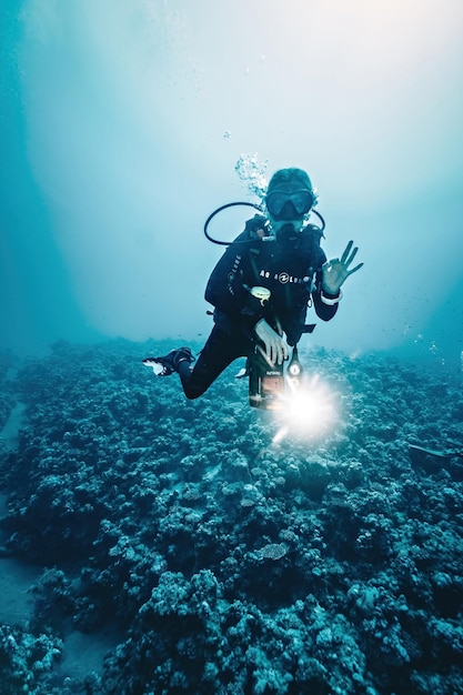 Une plongée avec une caméra sous-marine prenant des photos de coraux en arrière-plan en Égypte