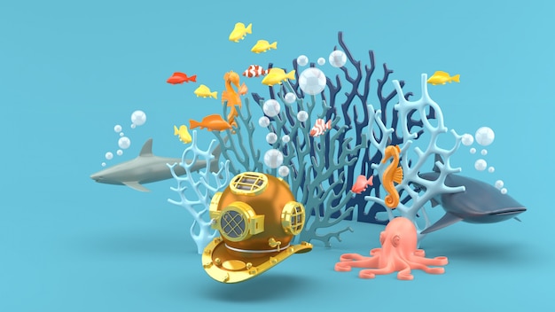 Plongée masquée sous le corail bleu, poissons colorés, requins, hippocampes et poulpes sur le bleu. Rendu 3D