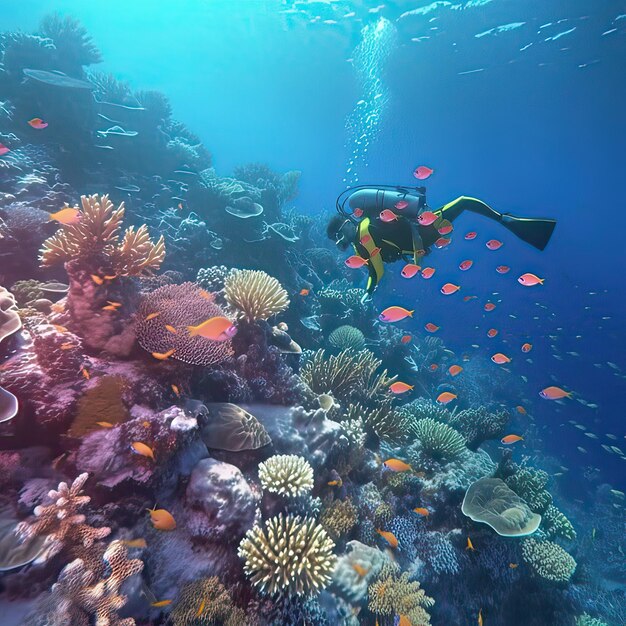 Plongée sous-marineScène sous-marine magnifique plongeur de la vie marine explorer et profiter de la barrière de corail Illustration IA générative